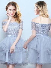Glittering Off the Shoulder Mini Length Grey Bridesmaid Dresses Organza Short Sleeves Lace and Ruffles and Belt