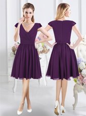 Custom Fit Purple Cap Sleeves Knee Length Ruching Zipper Court Dresses for Sweet 16