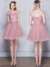 Most Popular Scoop Short Sleeves Bridesmaid Dresses Mini Length Lace and Appliques and Belt Pink Tulle