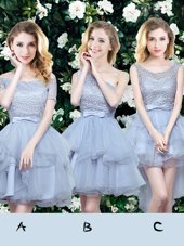 Mini Length Grey Wedding Party Dress Off The Shoulder Sleeveless Lace Up