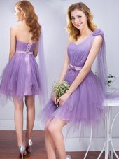 Eye-catching A-line Wedding Guest Dresses Lavender One Shoulder Tulle Sleeveless Mini Length Lace Up