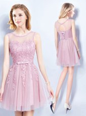 Fantastic Pink Tulle Lace Up Scoop Sleeveless Mini Length Wedding Party Dress Appliques and Belt