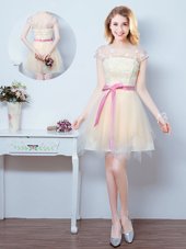Dynamic Scoop Champagne Short Sleeves Tulle Lace Up Damas Dress for Prom and Party and Wedding Party
