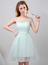 Lovely Scoop Mini Length Lace Up Dama Dress Apple Green and In for Prom and Party and Wedding Party with Lace and Appliques and Belt