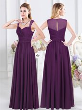 Affordable Straps Straps Purple Sleeveless Ruching Floor Length Dama Dress for Quinceanera