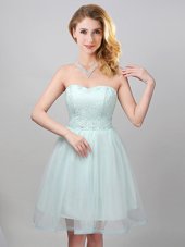 Apple Green A-line Tulle Sweetheart Sleeveless Lace and Appliques Mini Length Lace Up Bridesmaid Dress