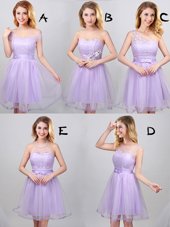 Simple Lavender Lace Up Off The Shoulder Lace and Appliques and Belt Wedding Party Dress Tulle Sleeveless