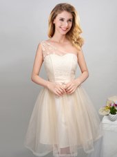 Superior One Shoulder Mini Length Champagne Damas Dress Tulle Sleeveless Lace and Appliques and Belt