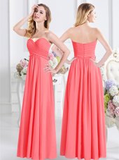 Watermelon Red Sleeveless Ruching Floor Length Bridesmaid Dress