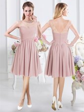 Knee Length Pink Bridesmaid Dresses Scoop Cap Sleeves Zipper