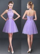 New Style Lavender Halter Top Lace Up Lace and Appliques Quinceanera Dama Dress Sleeveless