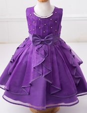 Sophisticated Eggplant Purple A-line Organza Scoop Sleeveless Beading and Ruffles and Bowknot Floor Length Zipper Flower Girl Dresses