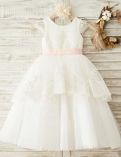 Custom Designed Scoop White Zipper Toddler Flower Girl Dress Lace and Appliques and Bowknot Cap Sleeves Floor Length