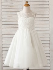 Scoop White Tulle Clasp Handle Flower Girl Dresses for Less Sleeveless Floor Length Lace