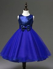 High Quality Royal Blue A-line Scoop Sleeveless Organza Ankle Length Zipper Sequins and Bowknot Toddler Flower Girl Dress