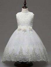 Scoop With Train White Flower Girl Dresses for Less Organza Brush Train Sleeveless Lace and Appliques and Bowknot