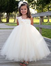 Fashion One Shoulder White Sleeveless Tulle Zipper Flower Girl Dress for Party and Wedding Party
