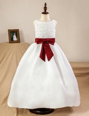 Shining White A-line Scoop Sleeveless Tulle Floor Length Zipper Lace and Bowknot Flower Girl Dress