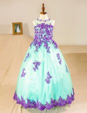 Scoop Turquoise Zipper Toddler Flower Girl Dress Beading and Lace and Appliques Sleeveless Floor Length