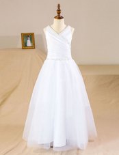 Top Selling V-neck Sleeveless Zipper Flower Girl Dress White Tulle