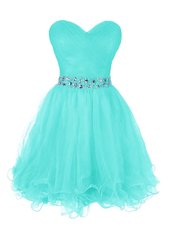 Adorable Turquoise Organza Zipper Sweetheart Sleeveless Mini Length Cocktail Dresses Beading and Ruffled Layers