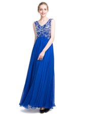 V-neck Sleeveless Dress for Prom Ankle Length Beading Royal Blue Chiffon