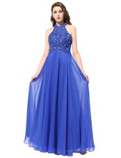 Cute Column/Sheath Prom Party Dress Blue Halter Top Chiffon Sleeveless Floor Length Backless