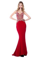 Nice Mermaid Red Sleeveless Brush Train Beading With Train Prom Evening Gown