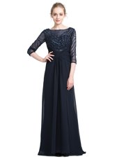 Floor Length Black Prom Evening Gown Bateau 3|4 Length Sleeve Zipper