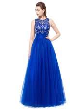 Scoop Sleeveless Floor Length Beading Backless Prom Dresses with Royal Blue