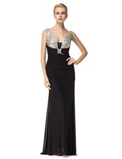 Artistic Beading Dress for Prom Black Zipper Sleeveless Floor Length