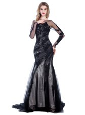 Cute Mermaid Black Tulle Zipper Prom Dress Long Sleeves With Train Court Train Lace