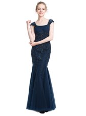 Deluxe Mermaid Navy Blue Cap Sleeves Tulle Zipper Homecoming Dress for Prom and Party