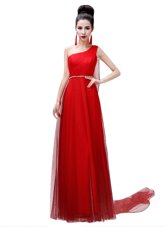 Amazing Coral Red Empire One Shoulder Sleeveless Chiffon Floor Length Side Zipper Sashes|ribbons and Belt Prom Gown