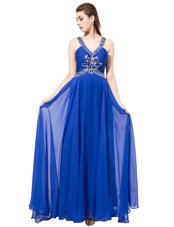 Royal Blue Sleeveless Chiffon Sweep Train Criss Cross Prom Gown for Prom and Party