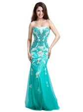 Beautiful Turquoise Mermaid Beading and Appliques Prom Dress Zipper Tulle Sleeveless Floor Length