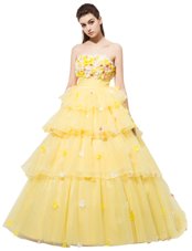 Fabulous Yellow Sleeveless Ruffled Layers and Hand Made Flower With Train Evening Gowns