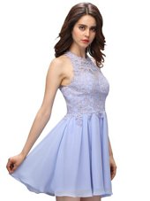 Halter Top Lavender Chiffon Zipper Casual Dresses Sleeveless Mini Length Beading and Lace