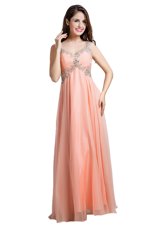 Beauteous Peach Empire Organza V-neck Sleeveless Beading Floor Length Backless Prom Evening Gown