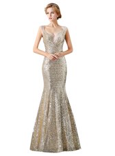 Ideal Mermaid Champagne Sleeveless Sequins Floor Length Prom Dress