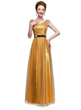 Romantic Scoop Gold Empire Beading and Sequins and Belt Dress for Prom Zipper Sequined Cap Sleeves Floor Length
