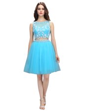 Scoop Baby Blue Sleeveless Knee Length Appliques Backless Party Dress Wholesale