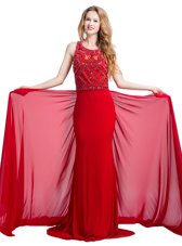 Pretty Red Empire Scoop Sleeveless Silk Like Satin With Train Court Train Zipper Beading Prom Party Dress