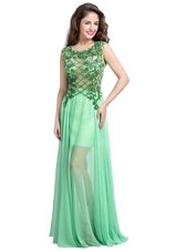 Pretty Scoop Beading and Appliques Prom Evening Gown Apple Green Backless Sleeveless Floor Length