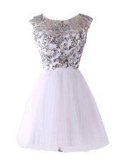 White A-line Tulle Scoop Cap Sleeves Sequins Mini Length Backless Cocktail Dresses