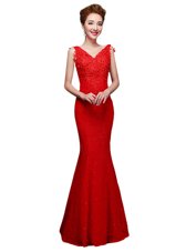 Fitting Red Column/Sheath Lace V-neck Sleeveless Lace Floor Length Lace Up Evening Dress