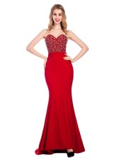 Mermaid Wine Red Sleeveless With Train Beading Zipper Evening Dress