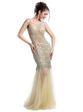 Custom Fit Mermaid Square Sleeveless Prom Evening Gown Floor Length Beading Champagne Tulle