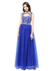 Bateau Sleeveless Prom Evening Gown Floor Length Beading Blue Tulle