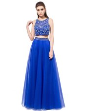 Custom Made Scoop Royal Blue Tulle Lace Up Homecoming Dress Sleeveless Floor Length Beading